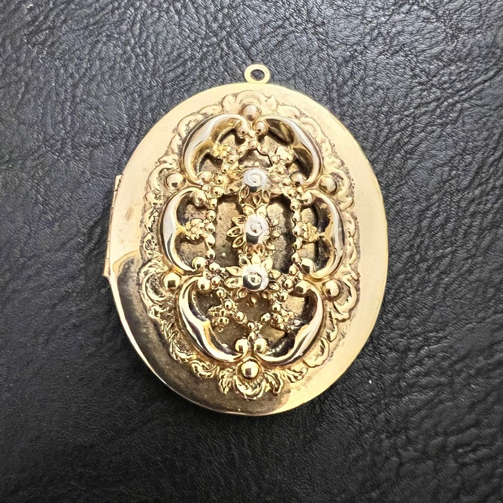 Vintage Gold Tone Ornate Floral Oval Locket Pendant 2.25" Victorian Revival 70s